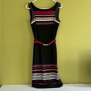 NWOT Whitehouse Blackmarket stripe jersey lined dress with belt. V-back w/zipper